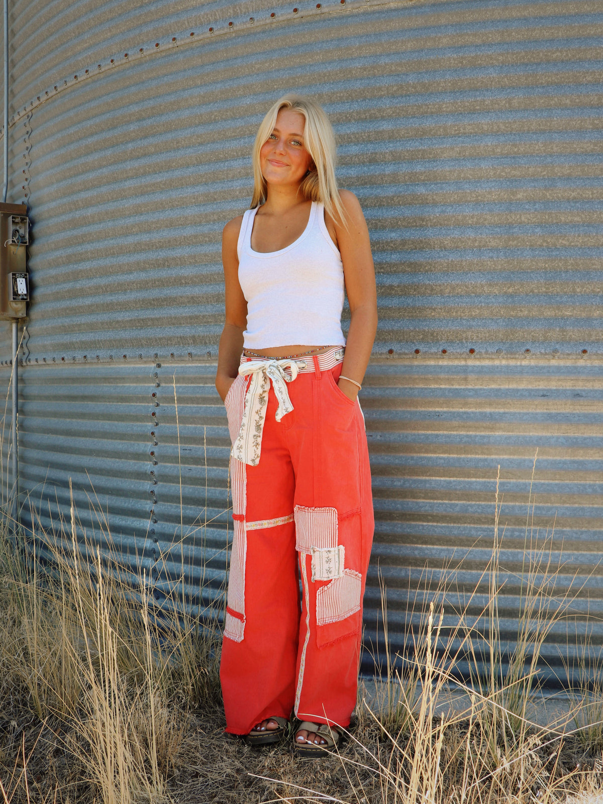 RED PATCHWORK CARGO PANTS