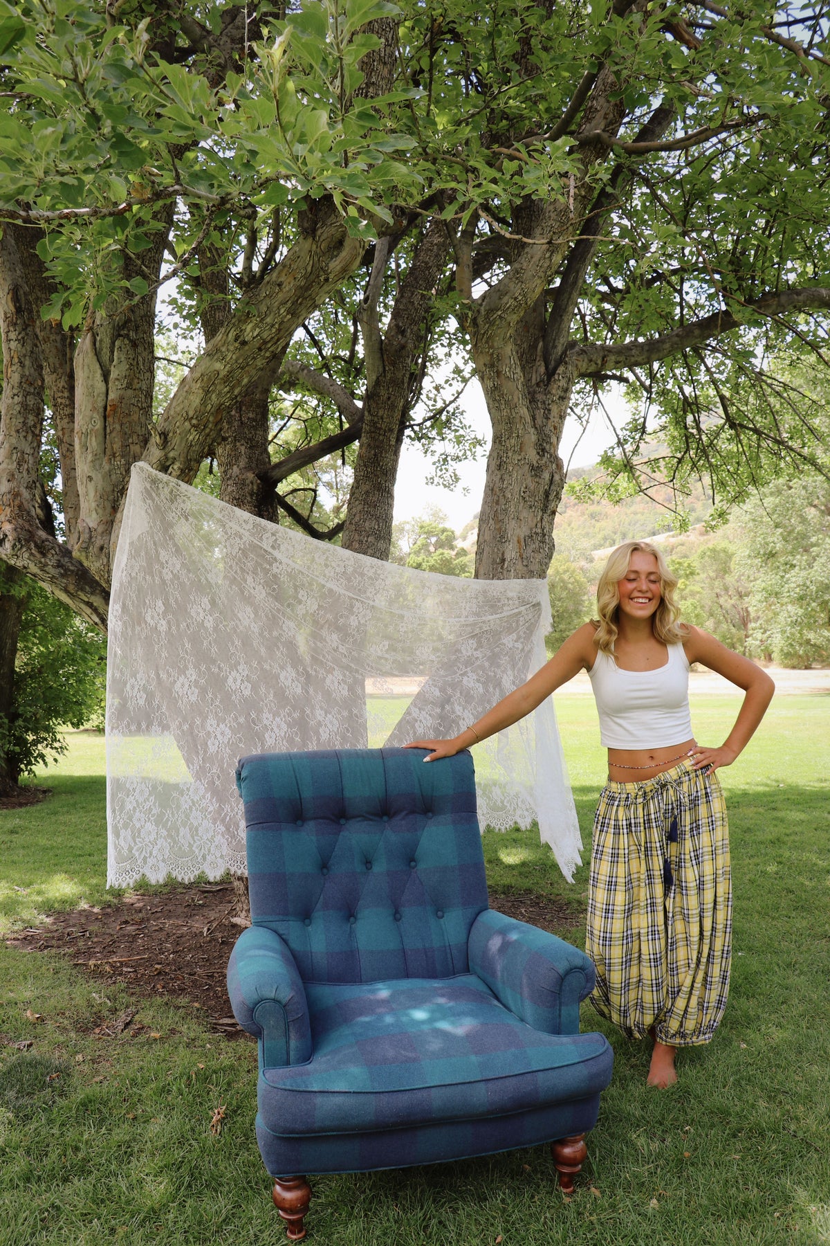 YELLOW CHECKERED PRINT PANTS