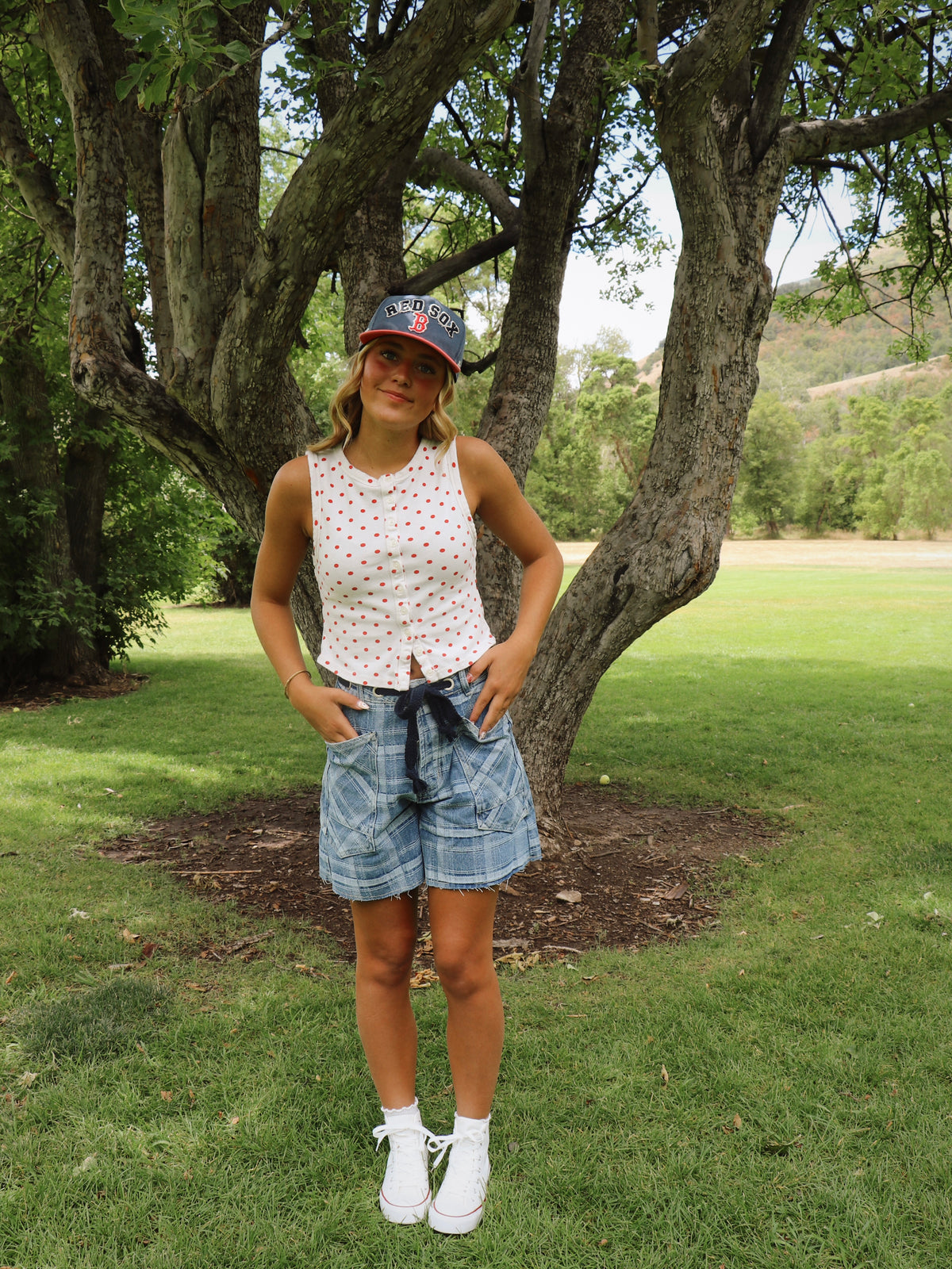 CHECKED DENIM SHORTS