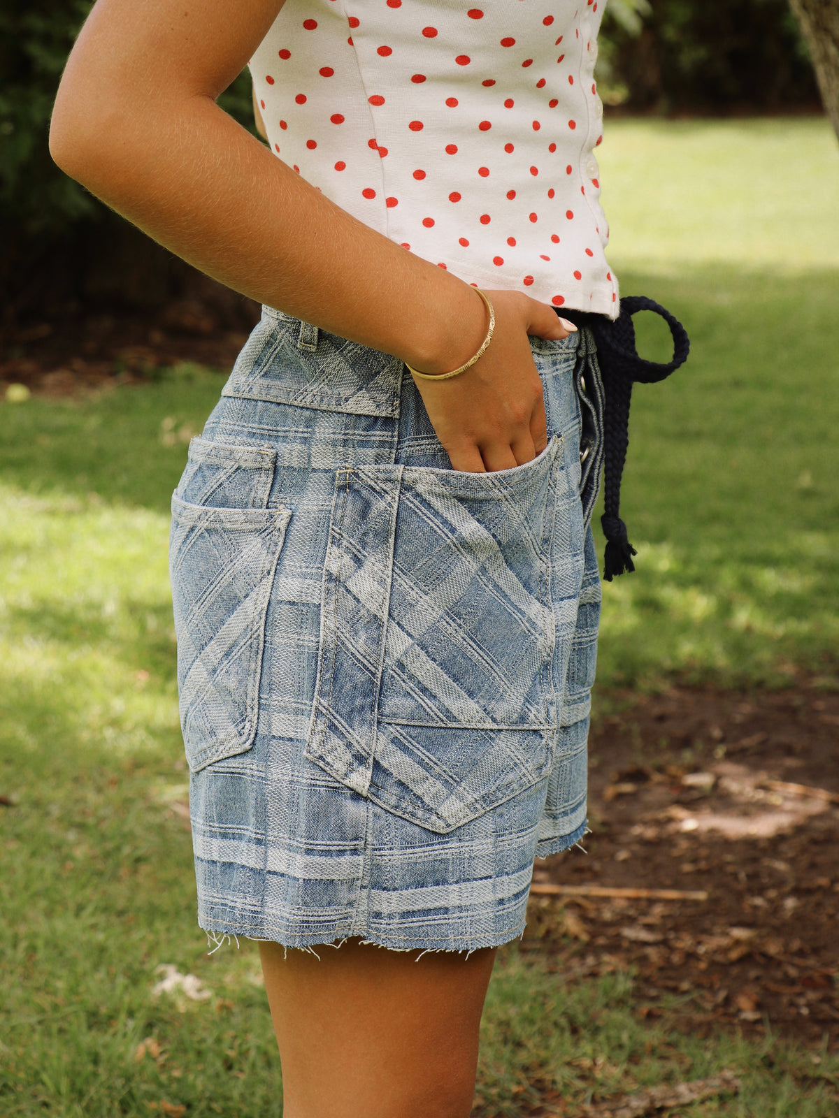 CHECKED DENIM SHORTS