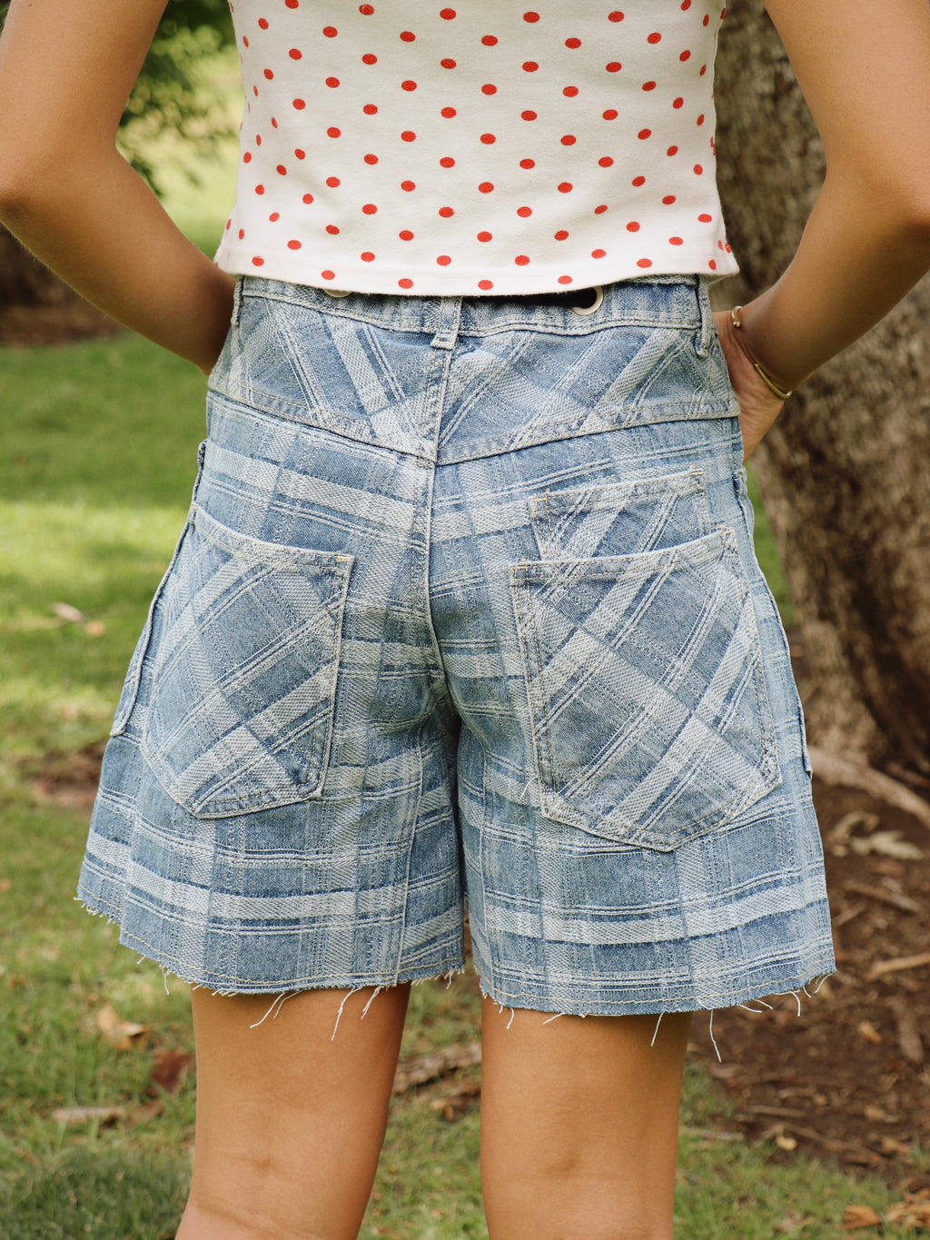 CHECKED DENIM SHORTS
