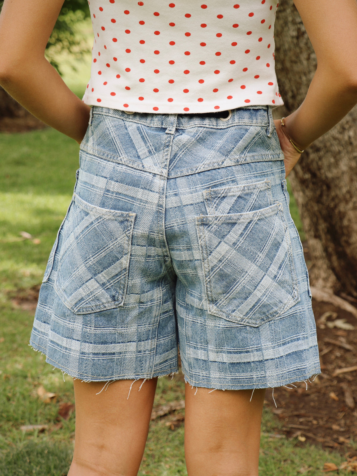 CHECKED DENIM SHORTS