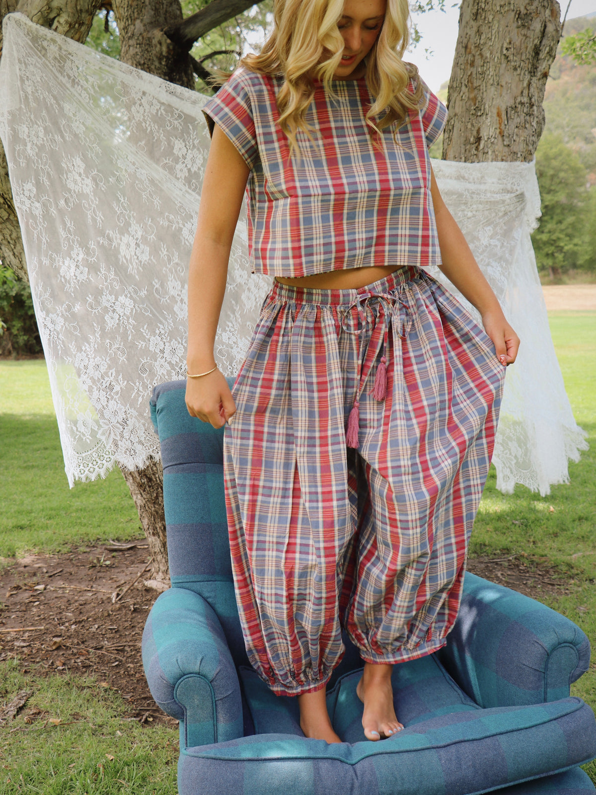 PINK/BLUE PLAID PANTS